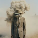 a man in hat standing outside with smoke coming out of his head, in the style of...