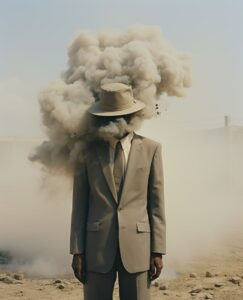 a man in hat standing outside with smoke coming out of his head, in the style of...