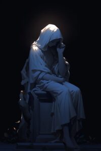 statue of person, in the style of moody chiaroscuro lighting, museum gallery dio...