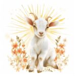 the cutest watercolor baby goat with sun rays behind in a retro style and floral...