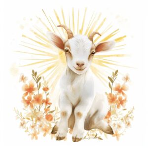 the cutest watercolor baby goat with sun rays behind in a retro style and floral...