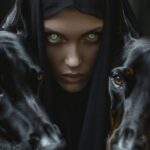 close-up portrait shoot of a beautiful nun in black wedding dress and veil weari...
