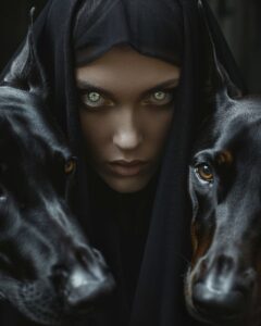 close-up portrait shoot of a beautiful nun in black wedding dress and veil weari...