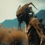 Melancholic color grading, cinematic screenshot from movie, golden chrome liquid...