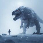 a tiny man stands far near huge Dark angular alien shark t-rex hybrid creature c...
