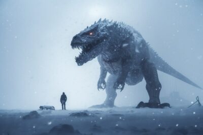 a tiny man stands far near huge Dark angular alien shark t-rex hybrid creature c...