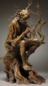 The figure is sitting on a stand, in the style of fantastic creatures, twisted b...