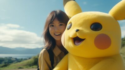 Close up cinematic shot of a giant pikachu costume is pose with a happy asian fe...