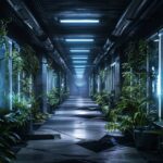 A dark corridors of abandoned high tech hallways. Sci-Fi scenario. Dark as black...