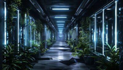 A dark corridors of abandoned high tech hallways. Sci-Fi scenario. Dark as black...