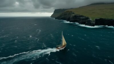 A drone shot of a sailboat near the Faroe islands. on choppy seas with rain clou...