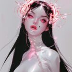 a surreal and gorgeous cyber godess, with huge neon pink eyes, white clothes, lo...