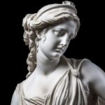 Front close up portrait of Greek white marble statue of lady hyper realism on bl...