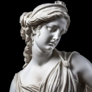 Front close up portrait of Greek white marble statue of lady hyper realism on bl...