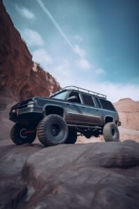 V5 Promptpolished steel GMC 2000 Suburban built for rock crawling stands on conc...