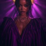 a picture of rihanna wearing adark purple cape dress, dark purple background, lo...