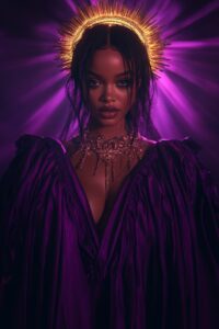 a picture of rihanna wearing adark purple cape dress, dark purple background, lo...