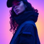 Greek temple ruins, Nike editorial photo of a woman model in cap and calm vantab...