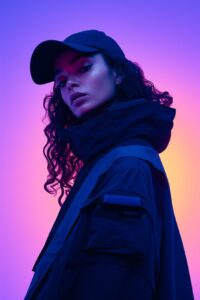 Greek temple ruins, Nike editorial photo of a woman model in cap and calm vantab...