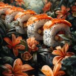 Illustration luxurious juicy sushi rolls with high details, in the dark tropical...