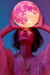 a woman in avant Garde apparel, Bring a pink glossy Moon with two hands, translu...