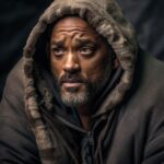 Professionnal photography of Will Smith as a homeless people. Ultra similar. Sit...