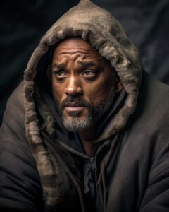 Professionnal photography of Will Smith as a homeless people. Ultra similar. Sit...