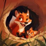 cartoon illustration, pixar style, mom fox didding a hole tigheter with her cub ...