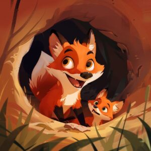 cartoon illustration, pixar style, mom fox didding a hole tigheter with her cub ...