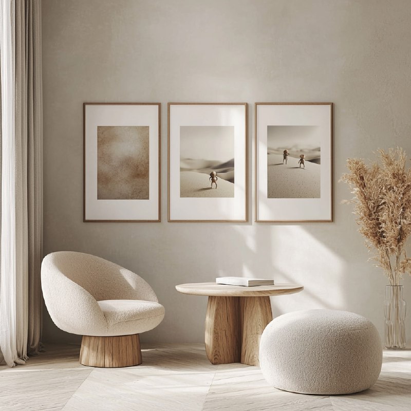 Scandinavian interior, trio of prints, abstract tiny people artwork, light wood ...