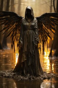 A cloaked soul is floating in the forest with wings, in the style of color photo...