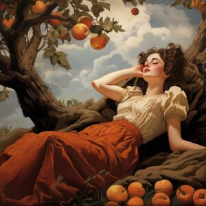 Une illustration d'une femme du 19e siecle dormant avec des pommes autour d'elle...
