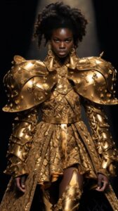photograph of model wears gold armor dresses and shoes walk the runway on the ru...