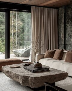A cozy living room with earthy tones, featuring an oversized stone coffee table ...