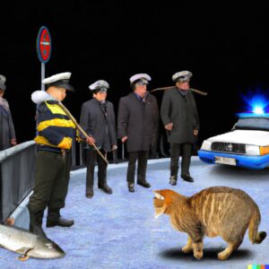 Сrime was solvedWise cat selecting and fish and the police around him...