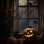 a image of a pumpkin resting at the window, in the style of creepypasta, mysteri...