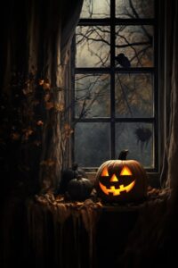 a image of a pumpkin resting at the window, in the style of creepypasta, mysteri...