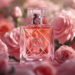 Front view of a transparent perfume bottle with a luxurious design surrounded by...