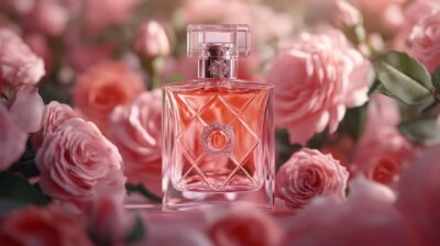 Front view of a transparent perfume bottle with a luxurious design surrounded by...