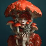  Red Fly Agaric Mushroom head, Woman, realistic, photography style, illustration...