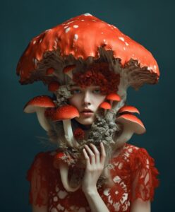 Red Fly Agaric Mushroom head, Woman, realistic, photography style, illustration...