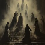 A photograph of large stairs in the fog with men coming down them, in the style ...