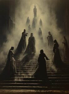 A photograph of large stairs in the fog with men coming down them, in the style ...