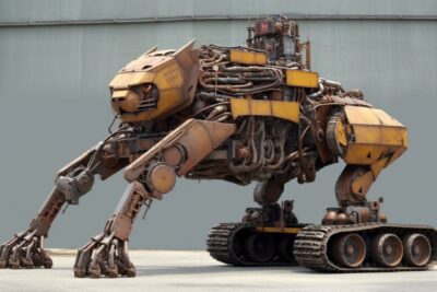 Panther - bison - Machine Hybrid, ( feline sitting, arms visible, half - creatur...