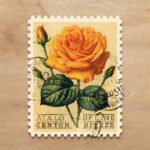 A sticker that features vintage postage stamp design with an miniature orange ro...