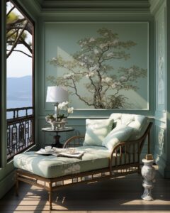 a reading corner in this traditional chinese bungalow is all white, in the style...