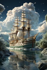 Storytelling on an ultra - realistic luxury cruise, sky, clouds, white, blue, mi...