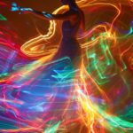 In the style of light painting photography, a long exposure woman portrait is ma...