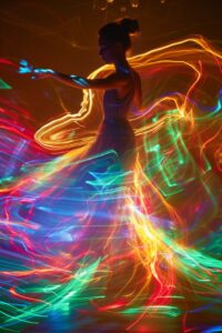 In the style of light painting photography, a long exposure woman portrait is ma...