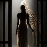 A silhouette of a backlit girafe behind a glass door, emotive body language, org...